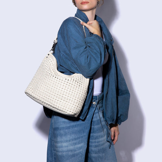 Pier Shoulder Bag in Woven Leather - Whitecap
