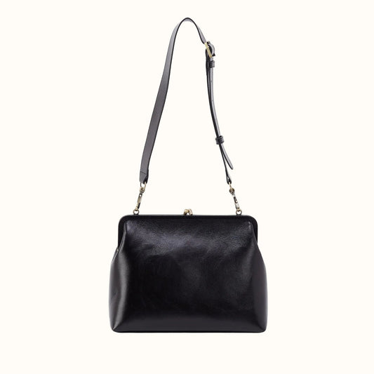 Alba Frame Large Shoulder Bag in Polished Leather - Black